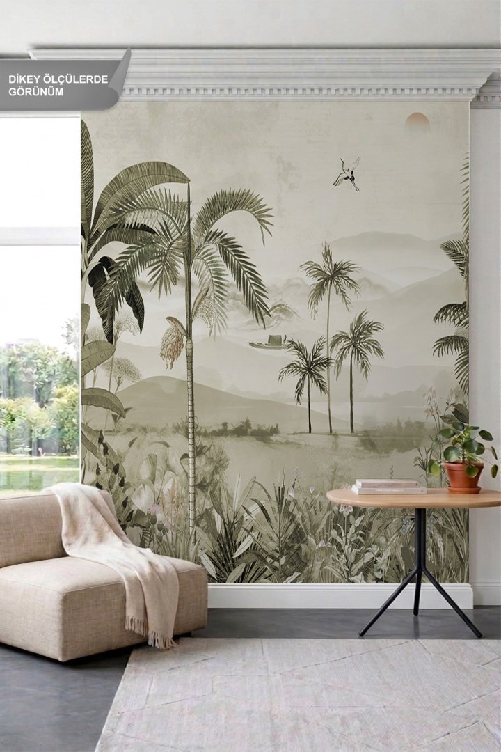 Dreamwall Palmiyeler, Sisli Dağlar ve Nehir Manzaralı Pastel Tonlu Tek Parça Tekstil Duvar Kağıdı