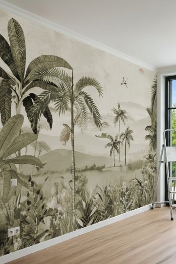 Dreamwall Palmiyeler, Sisli Dağlar ve Nehir Manzaralı Pastel Tonlu Tek Parça Tekstil Duvar Kağıdı
