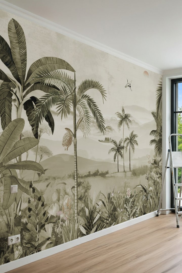 Dreamwall Palmiyeler, Sisli Dağlar ve Nehir Manzaralı Pastel Tonlu Tek Parça Tekstil Duvar Kağıdı