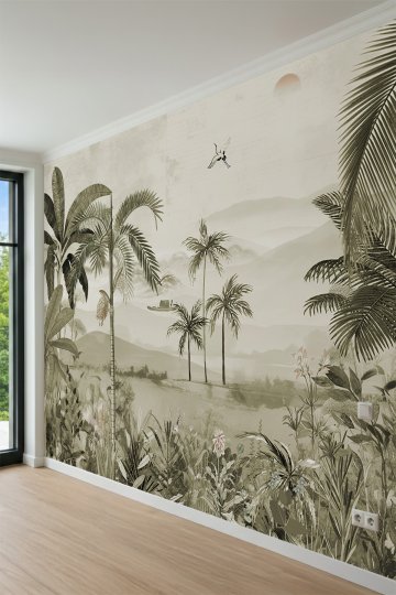 Dreamwall Palmiyeler, Sisli Dağlar ve Nehir Manzaralı Pastel Tonlu Tek Parça Tekstil Duvar Kağıdı küçük görsel 3
