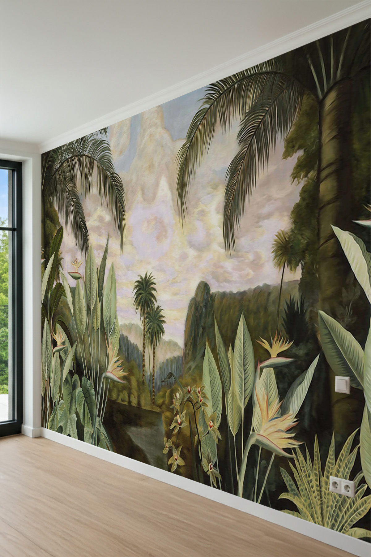 Dreamwall Panoramik Tropikal Orman Manzaralı Egzotik Bitki Desenli Tek Parça Tekstil Duvar Kağıdı görsel 1
