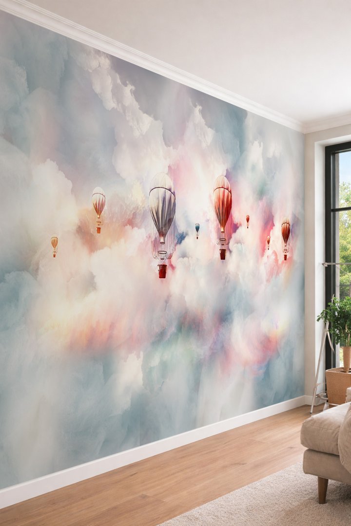 Dreamwall Pastel Bulutlar ve Uçan Balon Temalı Sanatsal Tek Parça Tekstil Duvar Kağıdı