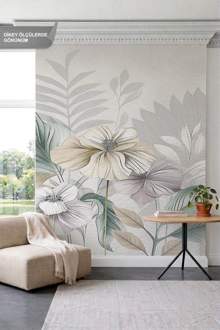 Dreamwall Pastel Çiçek ve Yaprak Çizimleri Motifli Tek Parça Tekstil Duvar Kağıdı