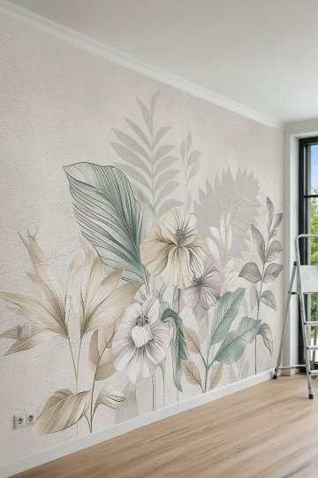 Dreamwall Pastel Çiçek ve Yaprak Çizimleri Motifli Tek Parça Tekstil Duvar Kağıdı küçük görsel 2