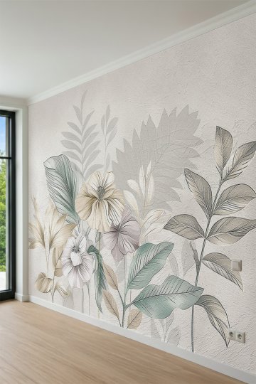 Dreamwall Pastel Çiçek ve Yaprak Çizimleri Motifli Tek Parça Tekstil Duvar Kağıdı küçük görsel 3