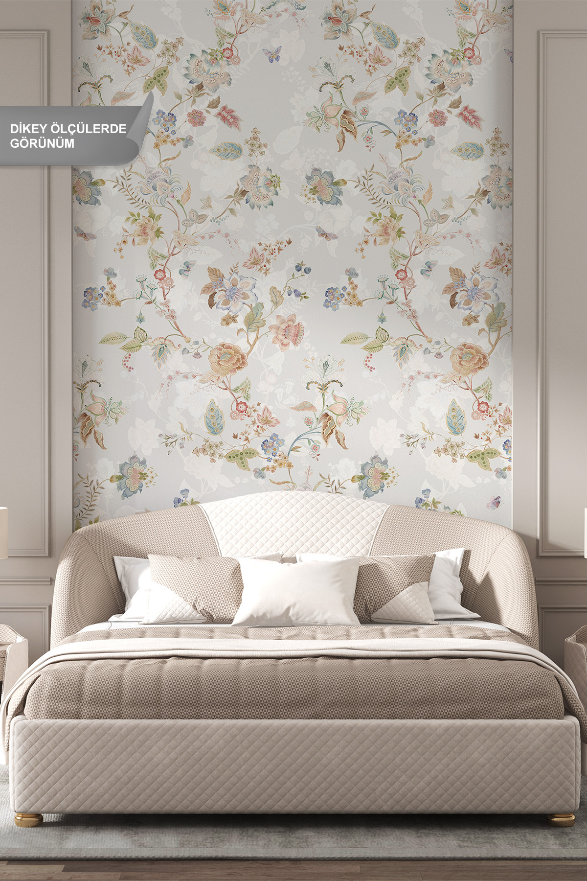 Dreamwall Pastel Çiçekli, Dal ve Kelebek Motifli Tek Parça Tekstil Duvar Kağıdı görsel 1
