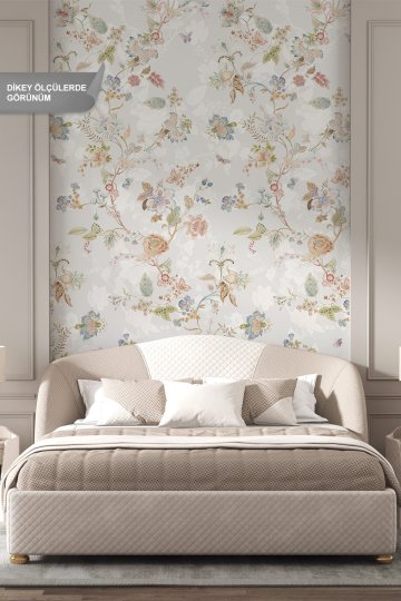 Dreamwall Pastel Çiçekli, Dal ve Kelebek Motifli Tek Parça Tekstil Duvar Kağıdı