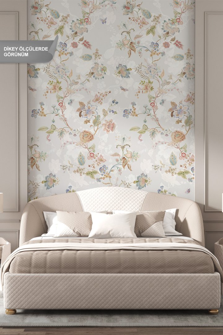 Dreamwall Pastel Çiçekli, Dal ve Kelebek Motifli Tek Parça Tekstil Duvar Kağıdı