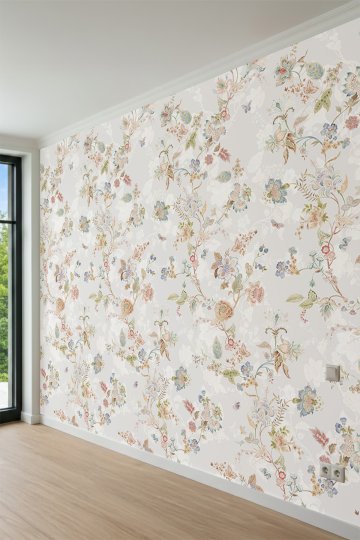 Dreamwall Pastel Çiçekli, Dal ve Kelebek Motifli Tek Parça Tekstil Duvar Kağıdı küçük görsel 3