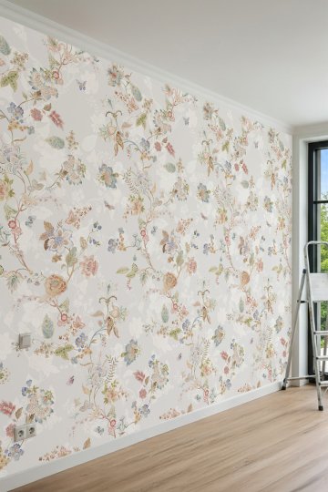 Dreamwall Pastel Çiçekli, Dal ve Kelebek Motifli Tek Parça Tekstil Duvar Kağıdı küçük görsel 4