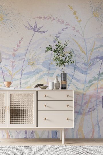 Dreamwall Pastel Dalgalı Fırça İzleri ve Kır Çiçekli Lüks Tek Parça Tekstil Duvar Kağıdı  küçük görsel 2