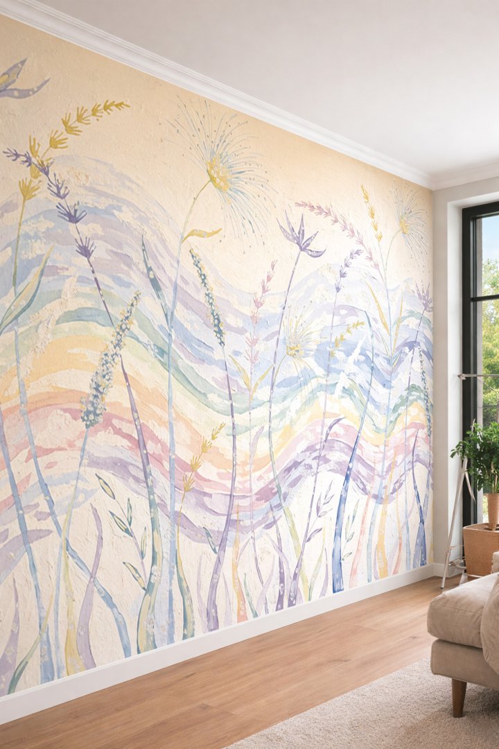 Dreamwall Pastel Dalgalı Fırça İzleri ve Kır Çiçekli Lüks Tek Parça Tekstil Duvar Kağıdı 