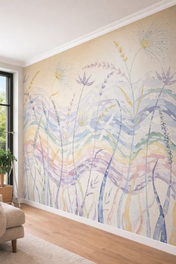 Dreamwall Pastel Dalgalı Fırça İzleri ve Kır Çiçekli Lüks Tek Parça Tekstil Duvar Kağıdı  küçük görsel 3