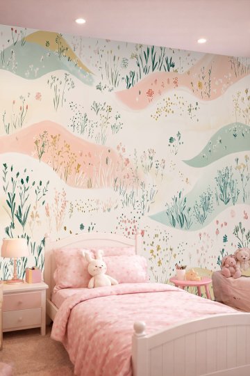 Dreamwall Pastel Dalgalı Tepeler, Kır Çiçekleri ve Ot Motifli Lüks Tek Parça Tekstil Duvar Kağıdı  küçük görsel 1