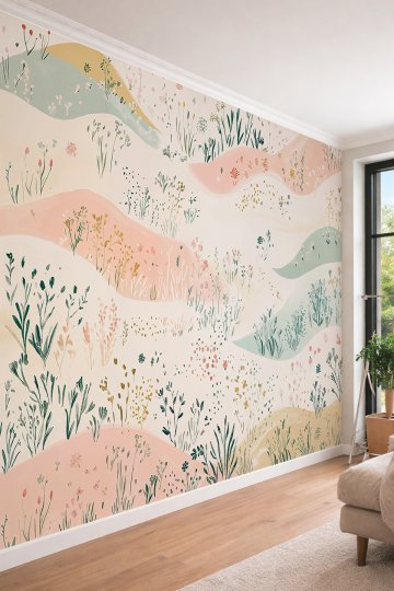 Dreamwall Pastel Dalgalı Tepeler, Kır Çiçekleri ve Ot Motifli Lüks Tek Parça Tekstil Duvar Kağıdı  küçük görsel 2