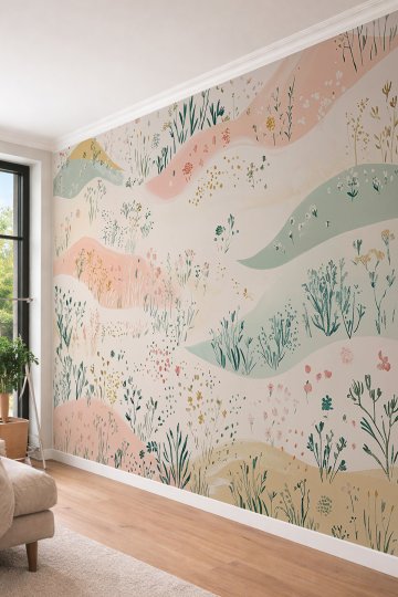 Dreamwall Pastel Dalgalı Tepeler, Kır Çiçekleri ve Ot Motifli Lüks Tek Parça Tekstil Duvar Kağıdı  küçük görsel 3