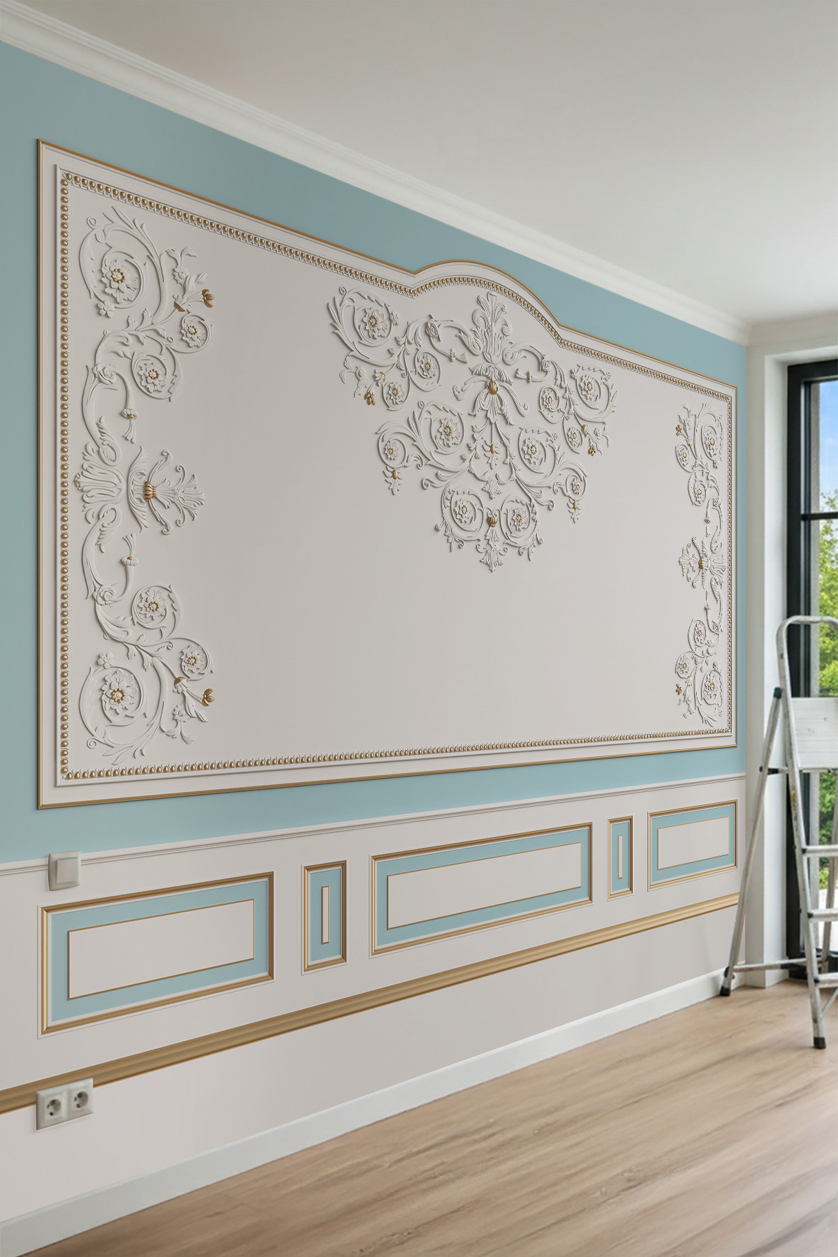 Dreamwall Pastel Fonlu Barok Rölyef ve Lambri Desenli Tek Parça Tekstil Duvar Kağıdı görsel 1