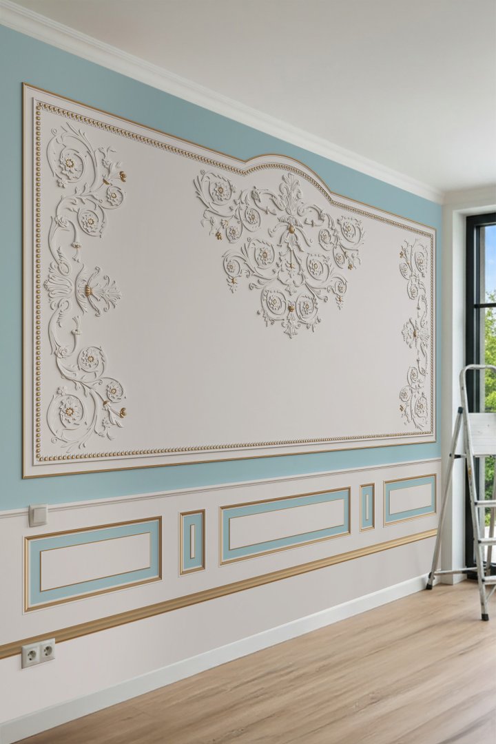 Dreamwall Pastel Fonlu Barok Rölyef ve Lambri Desenli Tek Parça Tekstil Duvar Kağıdı