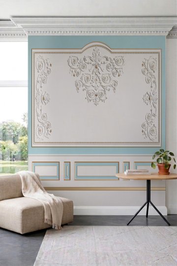 Dreamwall Pastel Fonlu Barok Rölyef ve Lambri Desenli Tek Parça Tekstil Duvar Kağıdı küçük görsel 1