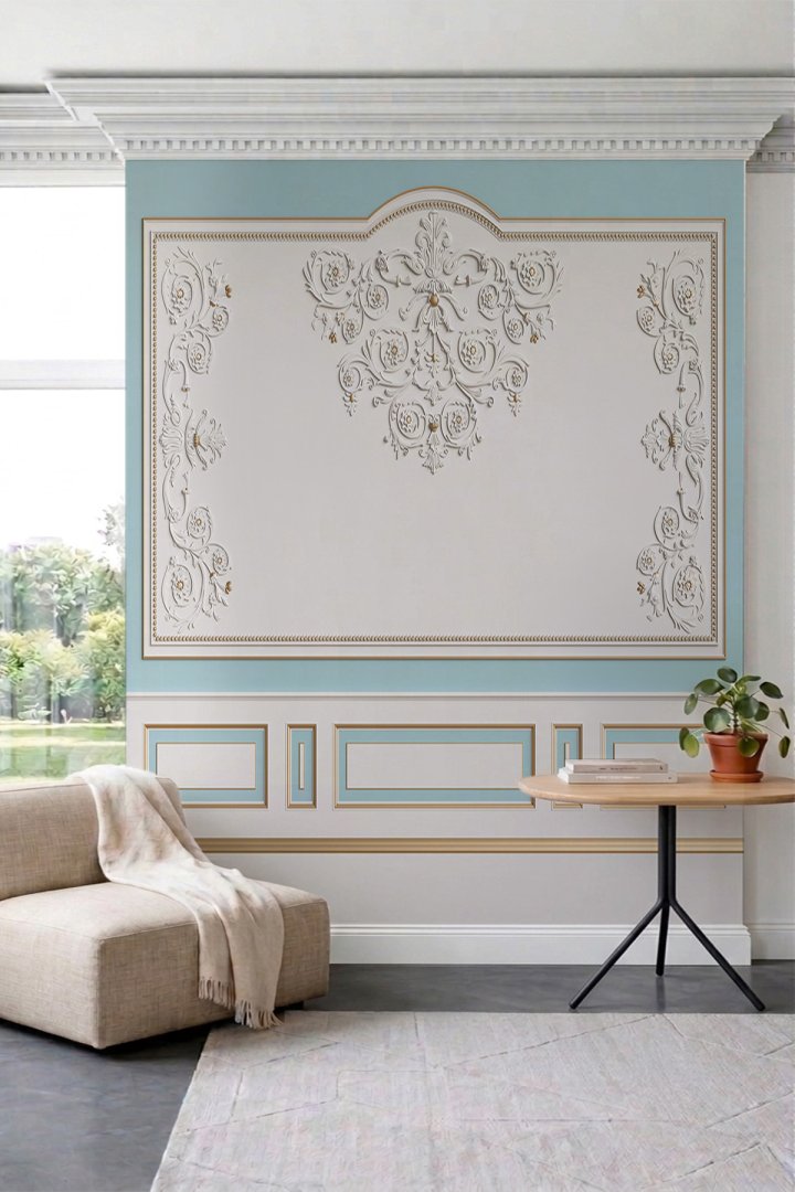 Dreamwall Pastel Fonlu Barok Rölyef ve Lambri Desenli Tek Parça Tekstil Duvar Kağıdı