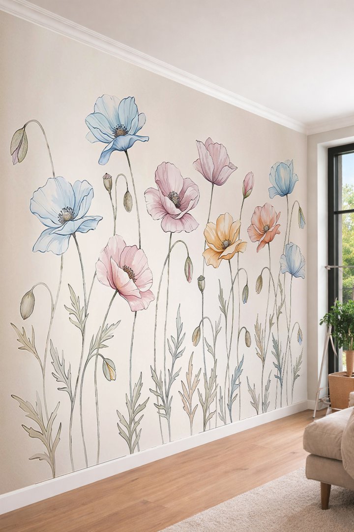 Dreamwall Pastel Tonlu Mavi, Pembe ve Sarı Gelincik Çiçekleri Motifli Tek Parça Tekstil Duvar Kağıdı...