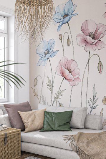 Dreamwall Pastel Tonlu Mavi, Pembe ve Sarı Gelincik Çiçekleri Motifli Tek Parça Tekstil Duvar Kağıdı  küçük görsel 2