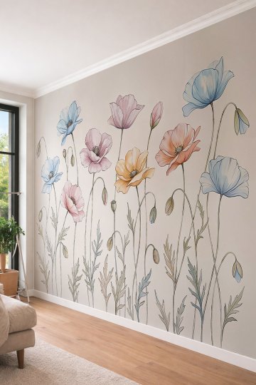 Dreamwall Pastel Tonlu Mavi, Pembe ve Sarı Gelincik Çiçekleri Motifli Tek Parça Tekstil Duvar Kağıdı  küçük görsel 3