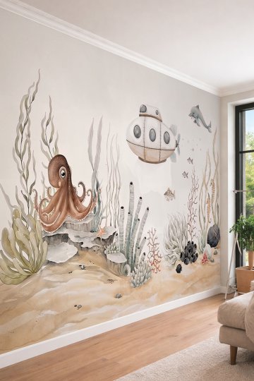 Dreamwall Pastel Tonlu Sevimli Denizaltı, Yunus, Ahtapot, Deniz Atları ve Su Altı Motifli Tek Parça Tekstil Duvar Kağıdı 