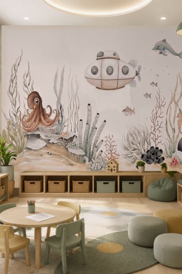 Dreamwall Pastel Tonlu Sevimli Denizaltı, Yunus, Ahtapot, Deniz Atları ve Su Altı Motifli Tek Parça Tekstil Duvar Kağıdı  küçük görsel 2