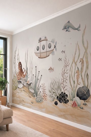 Dreamwall Pastel Tonlu Sevimli Denizaltı, Yunus, Ahtapot, Deniz Atları ve Su Altı Motifli Tek Parça Tekstil Duvar Kağıdı  küçük görsel 6