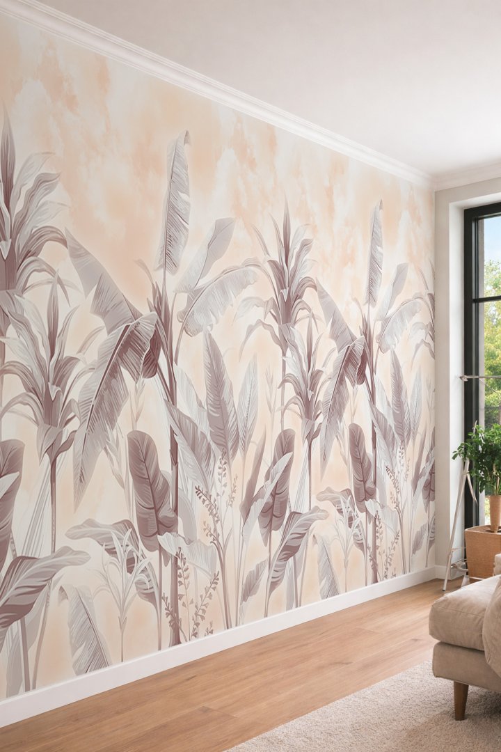 Dreamwall Pastel Tonlu Tropikal Palmiye Yaprağı Desenli Tek Parça Tekstil Duvar Kağıdı