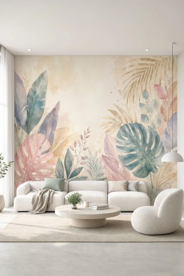 Dreamwall Pastel Tropik Bahçe Desenli Tek Parça Tekstil Duvar Kağıdı küçük görsel 2