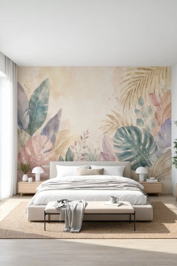 Dreamwall Pastel Tropik Bahçe Desenli Tek Parça Tekstil Duvar Kağıdı küçük görsel 4