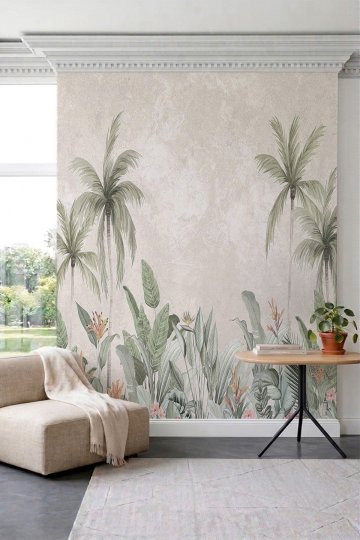 Dreamwall Pastel Tropikal Palmiye ve Egzotik Desenli Tek Parça Tekstil Duvar Kağıdı küçük görsel 2
