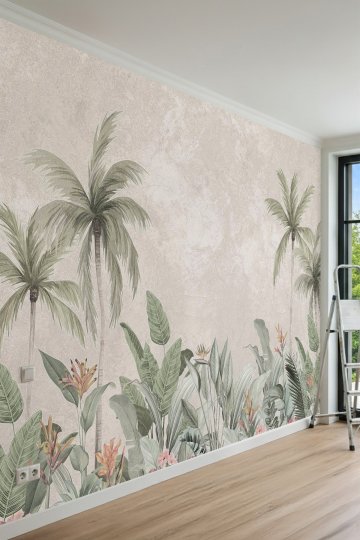 Dreamwall Pastel Tropikal Palmiye ve Egzotik Desenli Tek Parça Tekstil Duvar Kağıdı küçük görsel 1