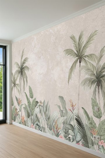 Dreamwall Pastel Tropikal Palmiye ve Egzotik Desenli Tek Parça Tekstil Duvar Kağıdı küçük görsel 3