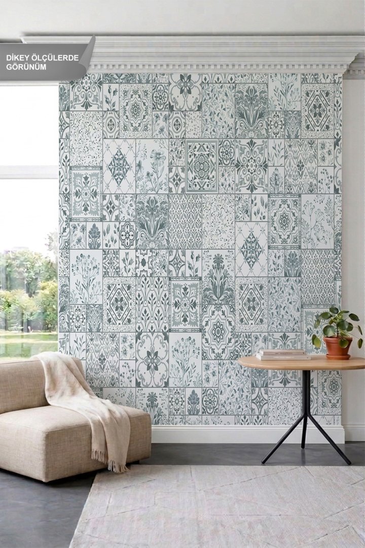 Dreamwall Patchwork Çini ve Botanik Desenli Modern Tek Parça Tekstil Duvar Kağıdı