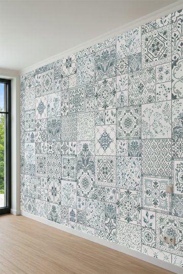 Dreamwall Patchwork Çini ve Botanik Desenli Modern Tek Parça Tekstil Duvar Kağıdı küçük görsel 3