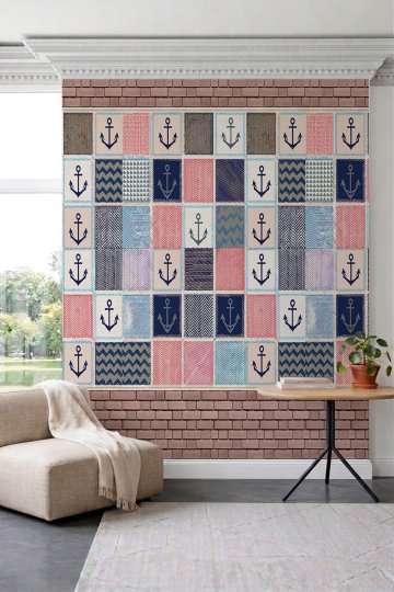 Dreamwall Patchwork Patch Tarzı Çapa Motifli ve Denizci Temalı Tek Parça Tekstil Duvar Kağıdı küçük görsel 2