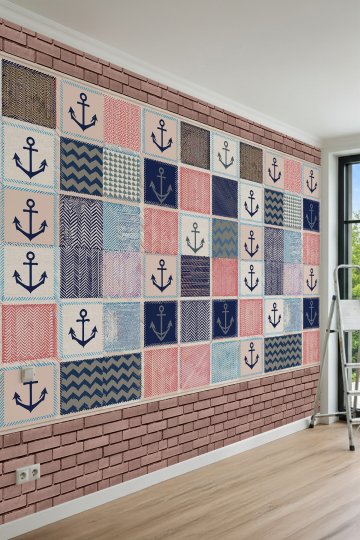 Dreamwall Patchwork Patch Tarzı Çapa Motifli ve Denizci Temalı Tek Parça Tekstil Duvar Kağıdı küçük görsel 1