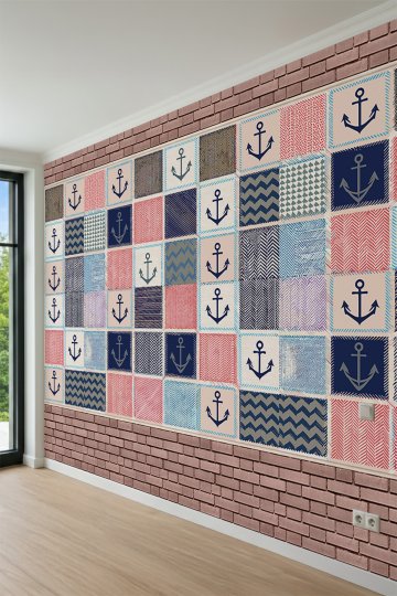 Dreamwall Patchwork Patch Tarzı Çapa Motifli ve Denizci Temalı Tek Parça Tekstil Duvar Kağıdı küçük görsel 3