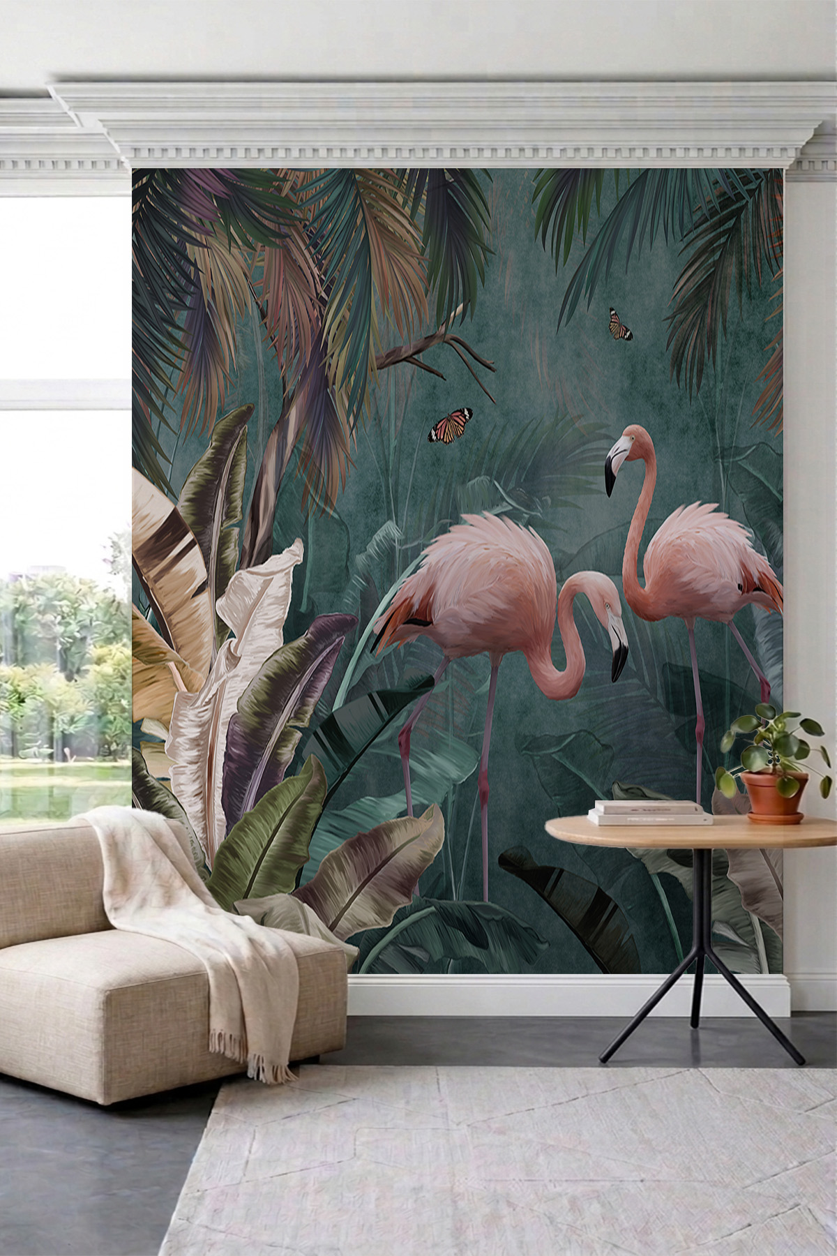 Dreamwall Pembe Flamingo ve Kelebek Desenli Tropikal Tek Parça Tekstil Duvar Kağıdı görsel 1
