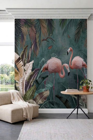 Dreamwall Pembe Flamingo ve Kelebek Desenli Tropikal Tek Parça Tekstil Duvar Kağıdı