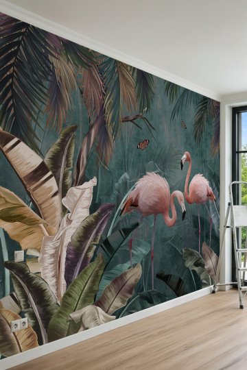 Dreamwall Pembe Flamingo ve Kelebek Desenli Tropikal Tek Parça Tekstil Duvar Kağıdı küçük görsel 2