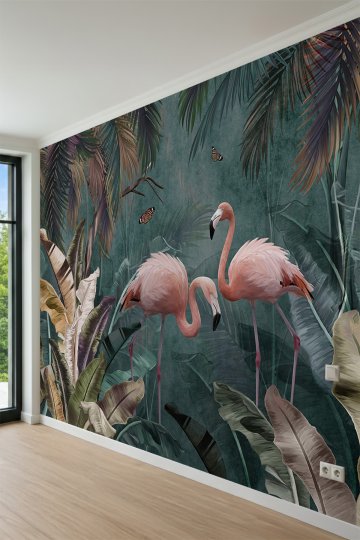 Dreamwall Pembe Flamingo ve Kelebek Desenli Tropikal Tek Parça Tekstil Duvar Kağıdı küçük görsel 3