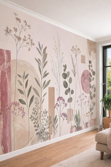 Dreamwall Pembe Tonlu Soyut Leke, Okaliptüs Dalları ve Kır Çiçekleri Motifli Tek Parça Tekstil Duvar Kağıdı 