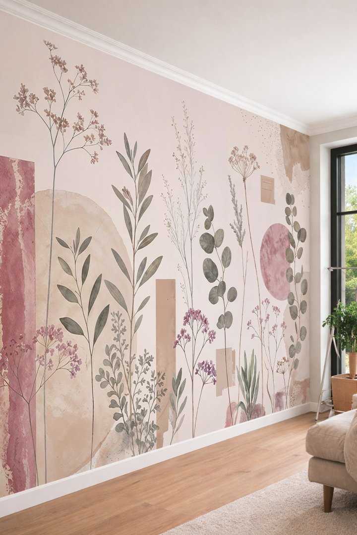 Dreamwall Pembe Tonlu Soyut Leke, Okaliptüs Dalları ve Kır Çiçekleri Motifli Tek Parça Tekstil Duvar...