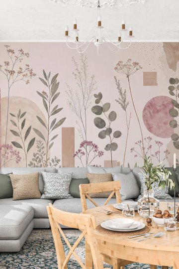 Dreamwall Pembe Tonlu Soyut Leke, Okaliptüs Dalları ve Kır Çiçekleri Motifli Tek Parça Tekstil Duvar Kağıdı  küçük görsel 2