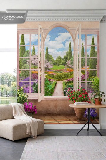 Dreamwall Pencere, Saksı Çiçekleri ve Peyzaj Bahçesi Manzaralı Tek Parça Tekstil Duvar Kağıdı