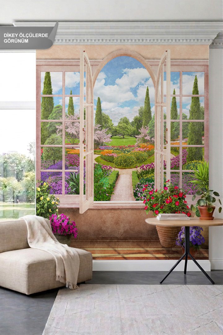 Dreamwall Pencere, Saksı Çiçekleri ve Peyzaj Bahçesi Manzaralı Tek Parça Tekstil Duvar Kağıdı
